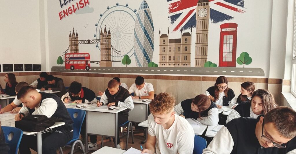 Students studying English in a classroom with British themed decor and mural.