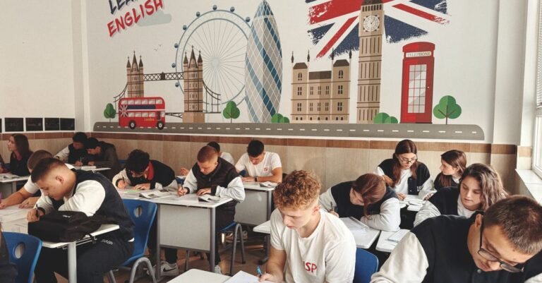 Students studying English in a classroom with British themed decor and mural.